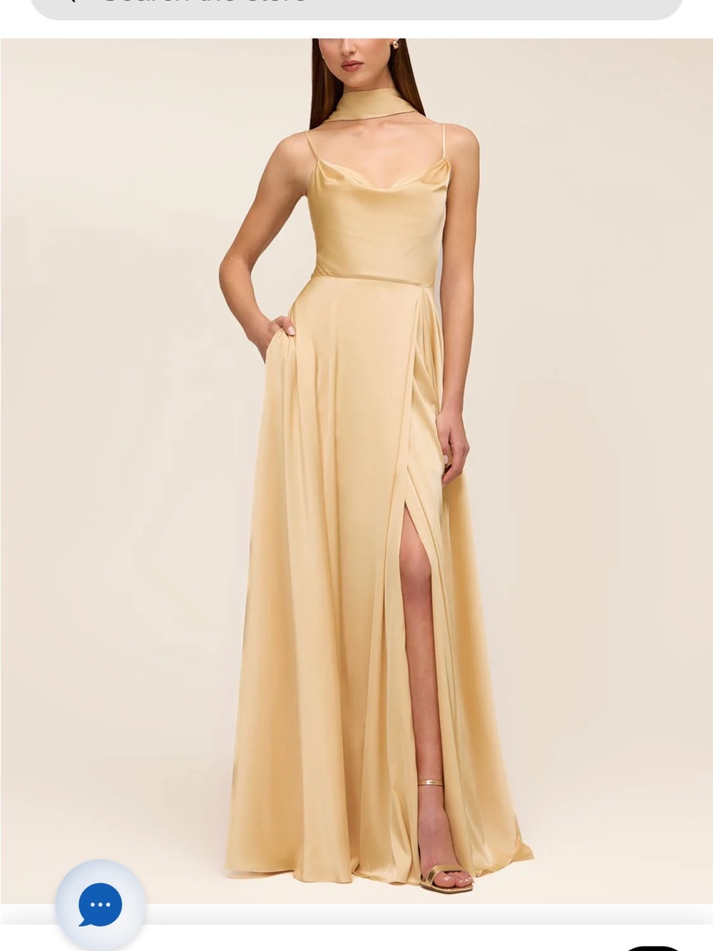 le chateau Champagne Satin Spaghetti-Strap Gown with Thigh Slit